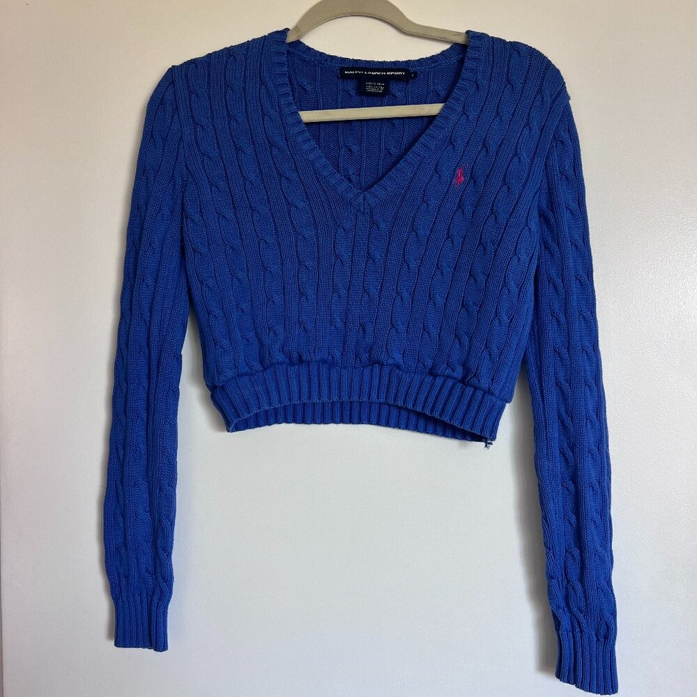 Ralph Lauren V-Neck Blue Sweater with Pink Logo